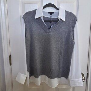 Adrianna Papell V-Twofer Sweater Vest with White Collar – Size Large